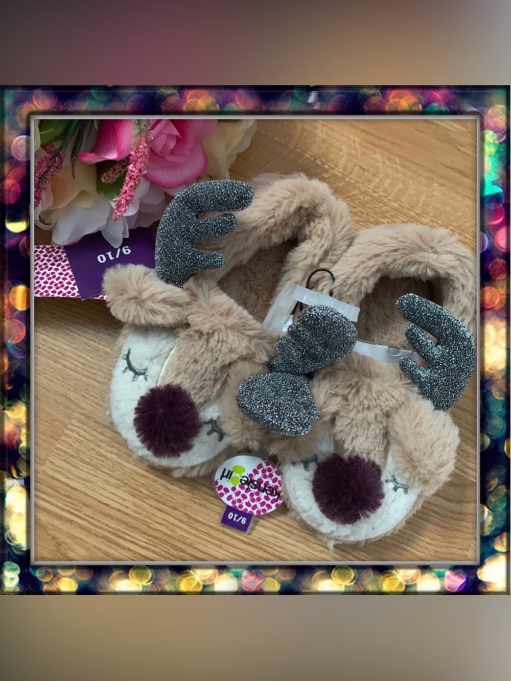 {Kensie} Girls Plush Reindeer Slipper Booties with Glitter Antlers